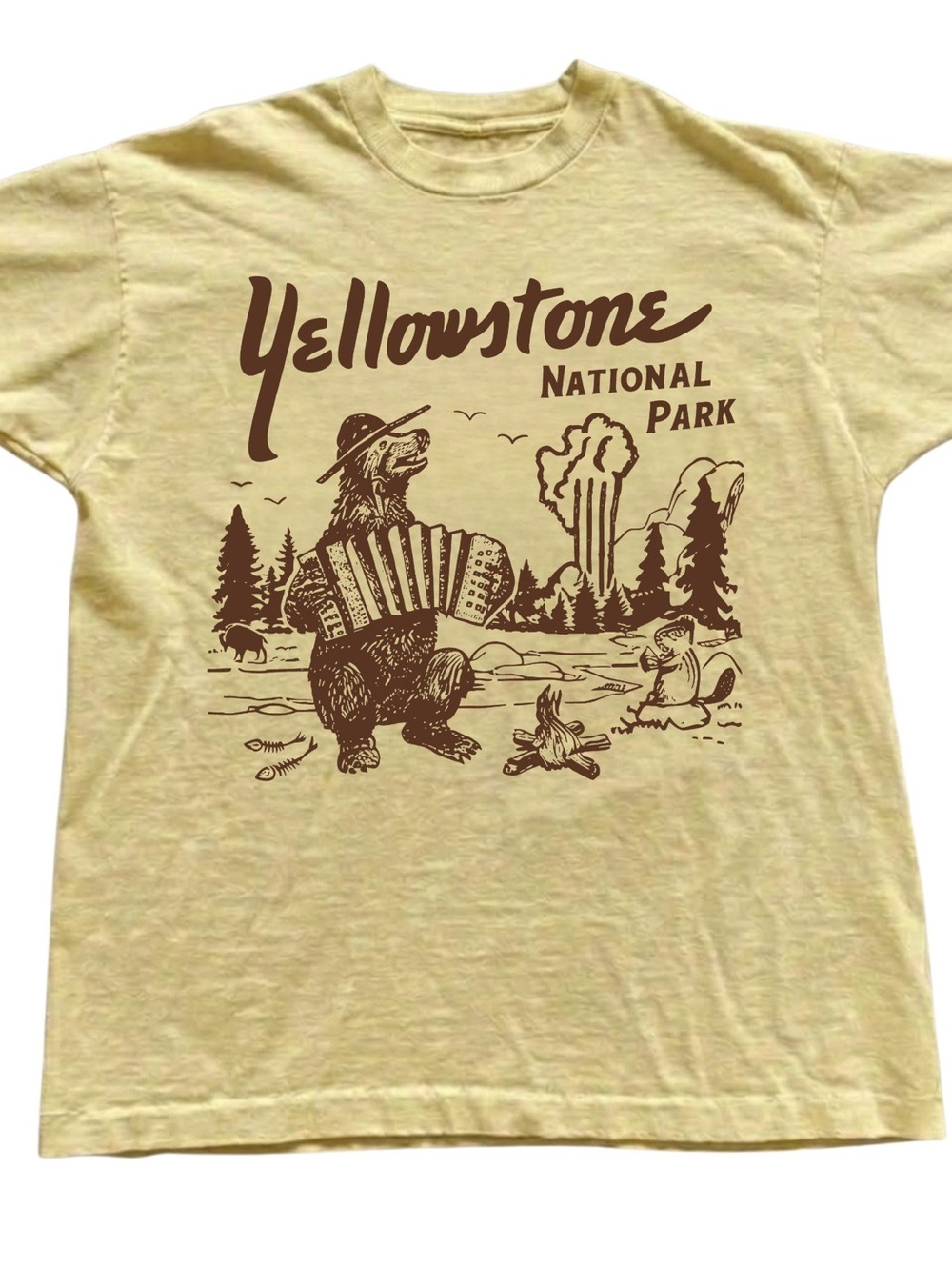 Gildan Pale Yellow Yellowstone National Park Tee with Brown Graphic